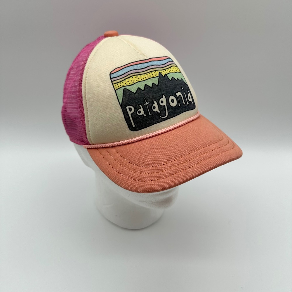 Patagonia Pink Fitz Roy Mountain & Sky Logo Trucker Mesh Hat Snapback youth